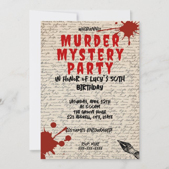 whodunit murder mystery bloody party 40th 50th 60  invitation (Front)