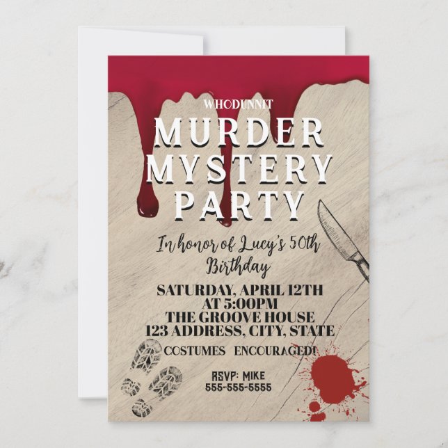 whodunit murder mystery bloody party 40th 50th 60  invitation (Front)