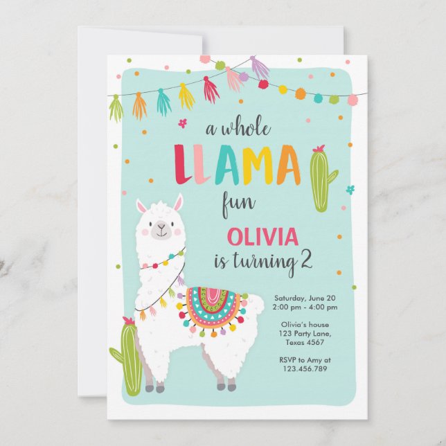Whole llama fun birthday invitation Alpace Cactus (Front)
