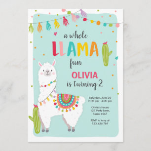 Whole llama fun birthday invitation Alpace Cactus