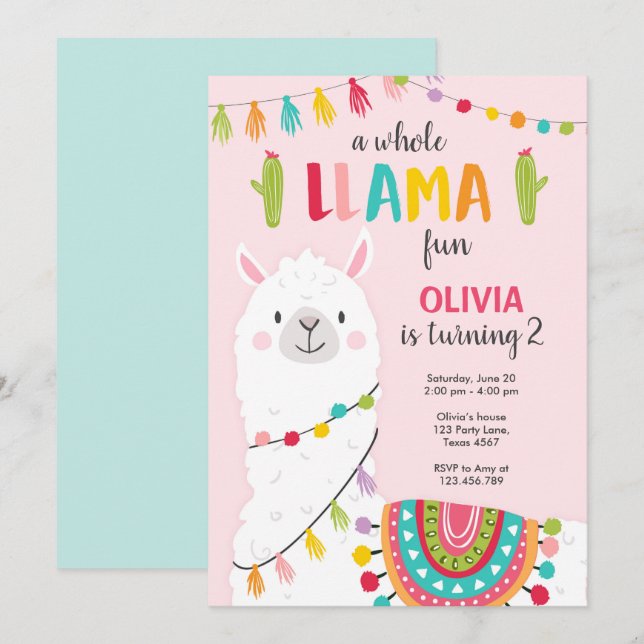 Whole llama fun birthday invitation Alpace Fiesta (Front/Back)
