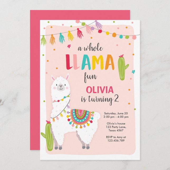 Whole llama fun birthday invitation Alpace Fiesta (Front/Back)