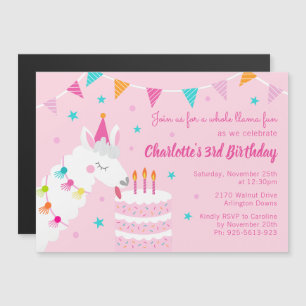 Whole Llama Fun Cake 3rd Birthday Pink Magnetic Invitation
