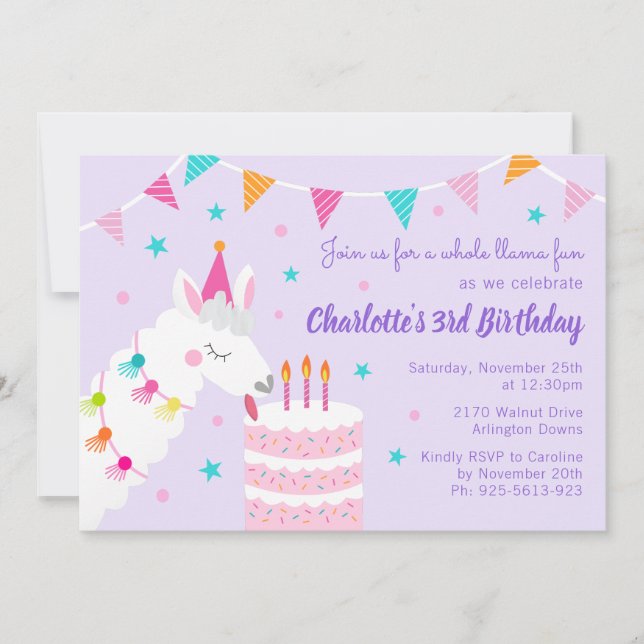 Whole Llama Fun Cake 3rd Birthday Purple Invitation (Front)