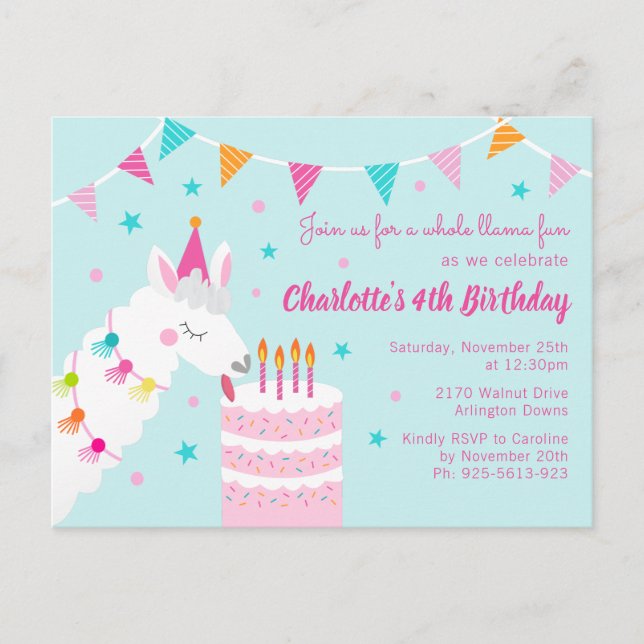 Whole Llama Fun Cake 4th Birthday Aqua Invitation Postcard (Front)