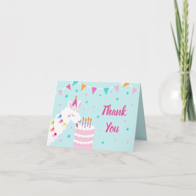 Whole Llama Fun Cake 4th Birthday Aqua Thank You Card (Front)