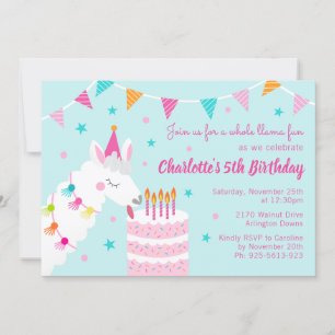 Whole Llama Fun Cake 5th Birthday Aqua Invitation
