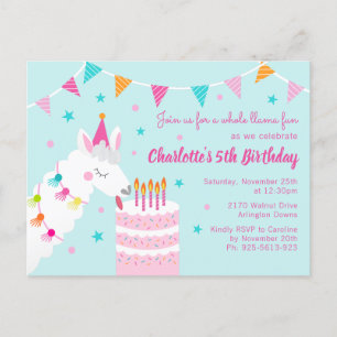 Whole Llama Fun Cake 5th Birthday Aqua Invitation Postcard