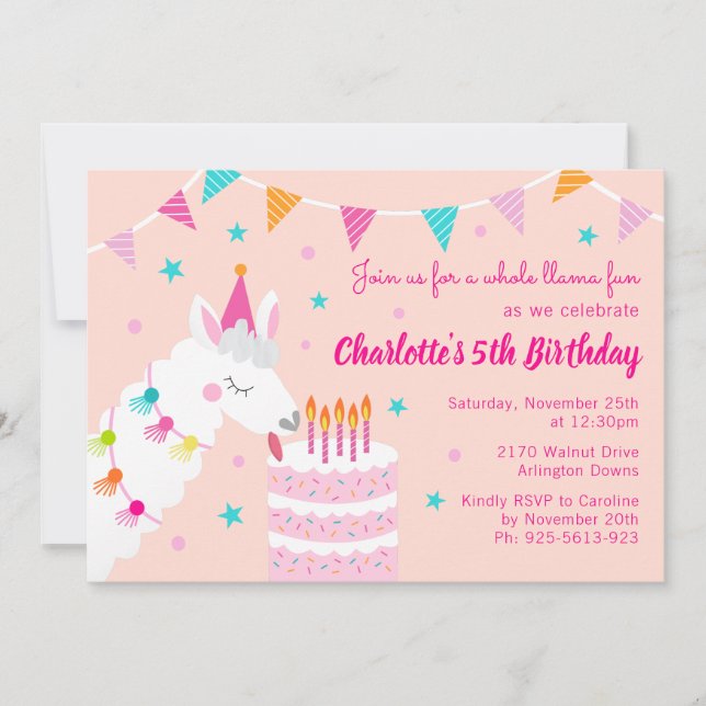 Whole Llama Fun Cake 5th Birthday Coral Invitation (Front)