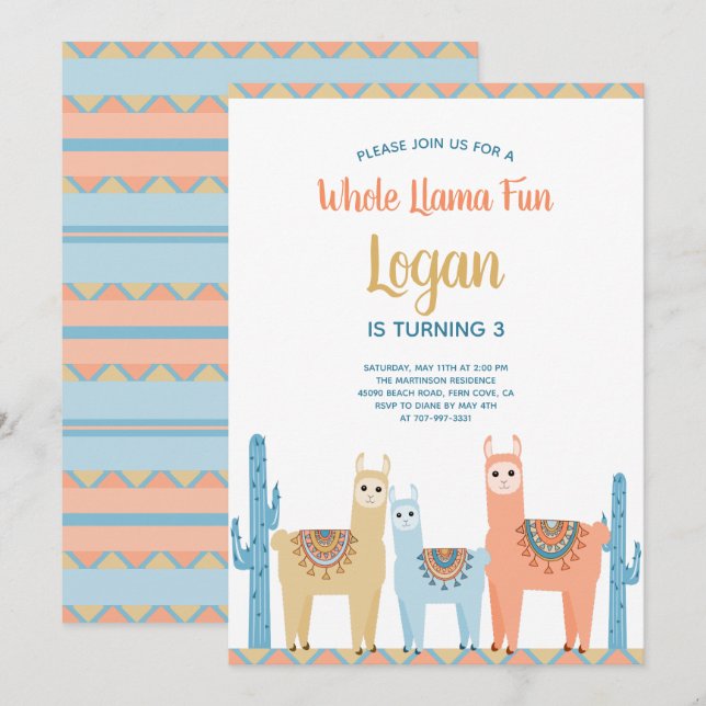 Whole Llama Fun Cute Animals Boy Birthday Party Invitation (Front/Back)