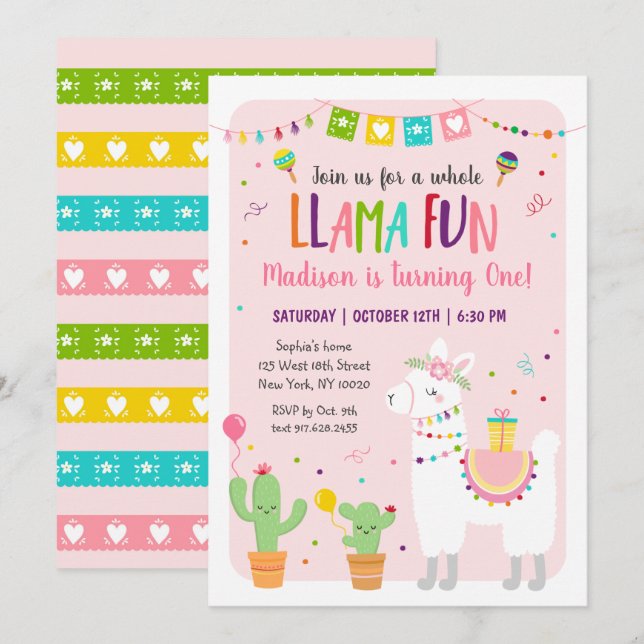 Whole Llama Fun Fiesta Cactus Birthday Invitation (Front/Back)