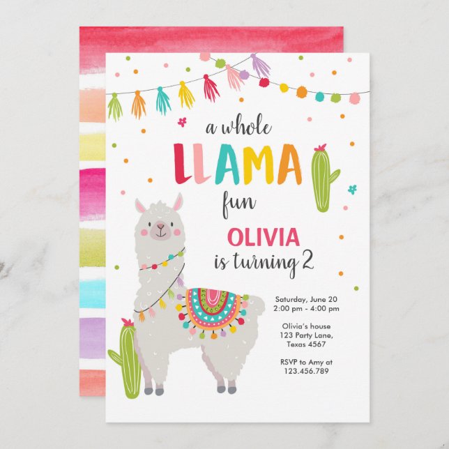 Whole Llama Fun Fiesta Girl Birthday Invitation (Front/Back)