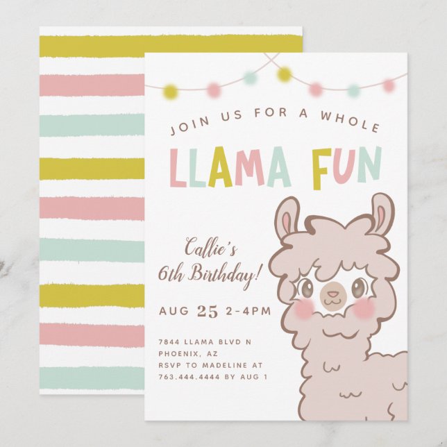 Whole Llama Fun Kids Birthday Party Invitation (Front/Back)