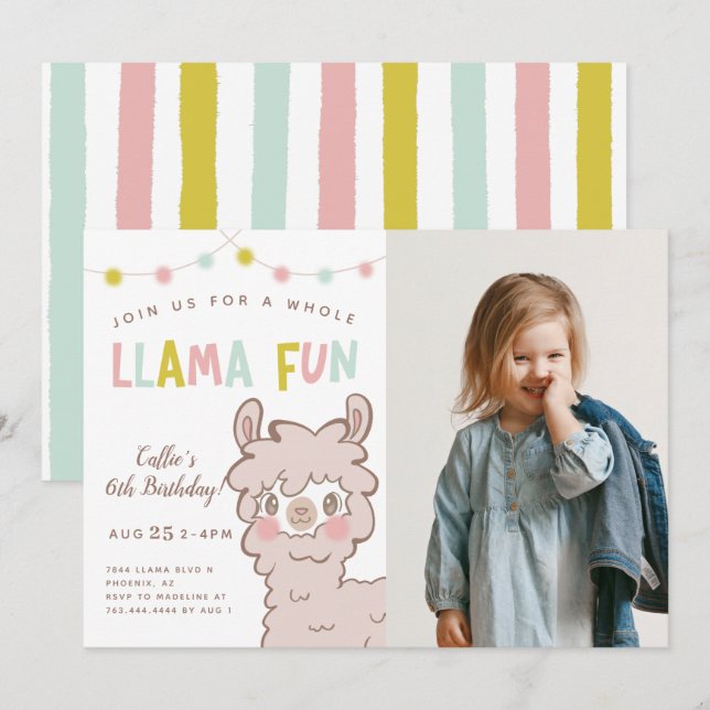 Whole Llama Fun Kids Birthday Party Photo Invitation (Front/Back)