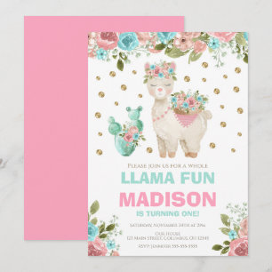 Whole Llama Fun Pink Mint Floral Girl 1st Birthday Invitation