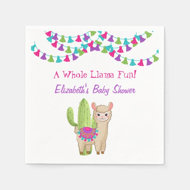 Whole Llama Fun Pink Purple Cactus Baby shower Napkin (Front)