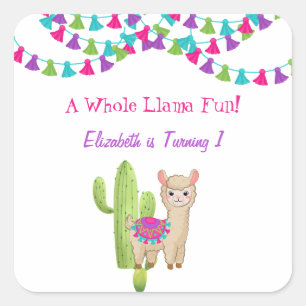 Whole Llama Fun Pink Purple Cactus Child Birthday Square Sticker