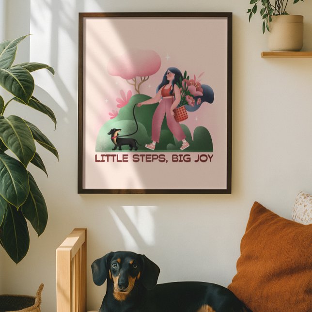 Wholesome Girl Walking Dog Illustration Poster (Imagine this on your wall, a warm cup nearby, and your furry friend at your feet)