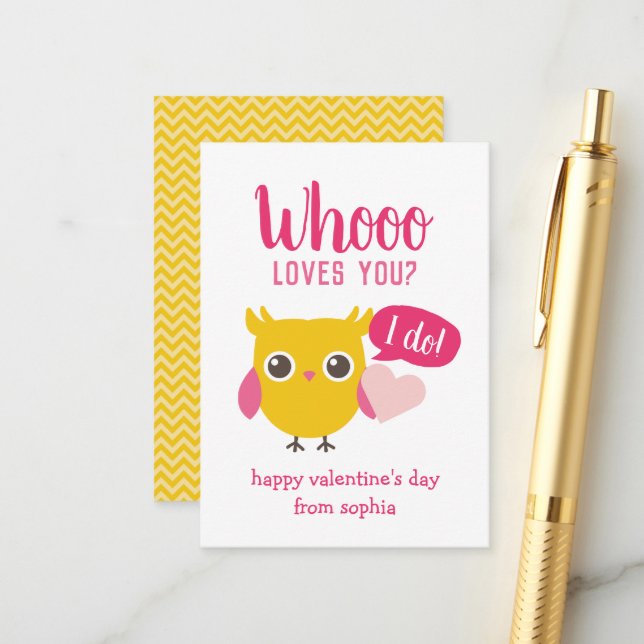Whooo Loves You Owl Kids School Valentine's Cards (Front/Back In Situ)