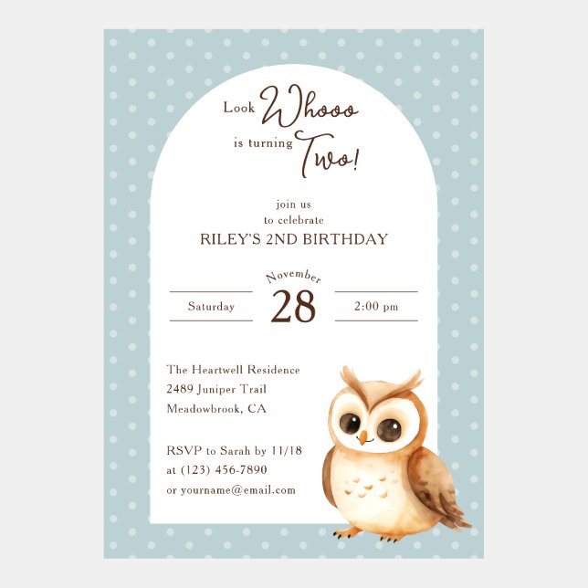 Whooo’s Turning Two Owl Birthday Invitation (Front)