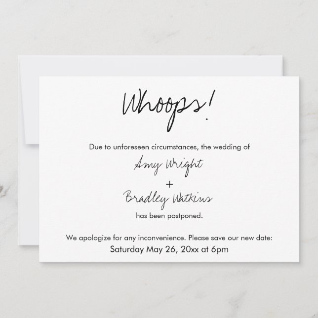 "Whoops!" Humourous Postponed Wedding Announcement (Front)