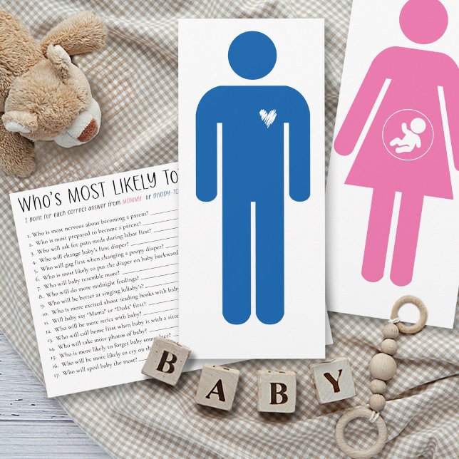 Who's Most Likely To Baby Shower Game Daddy Card (Funny Who's Most Likely To daddy-to-be fun couples shower game blue male stick figure answer card)