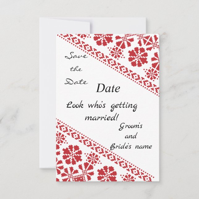 Wht and Rd Tatreez Wed. Save/the/Date Announcement (Front)