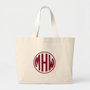 Wht Burgundy 3 Initial in a Circle Monogram DIY BG Large Tote Bag
