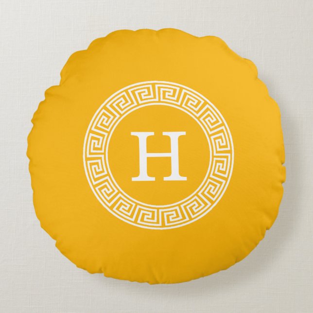 Wht Greek Key Rnd Frame Initial Monogram Round Pillow (Front)