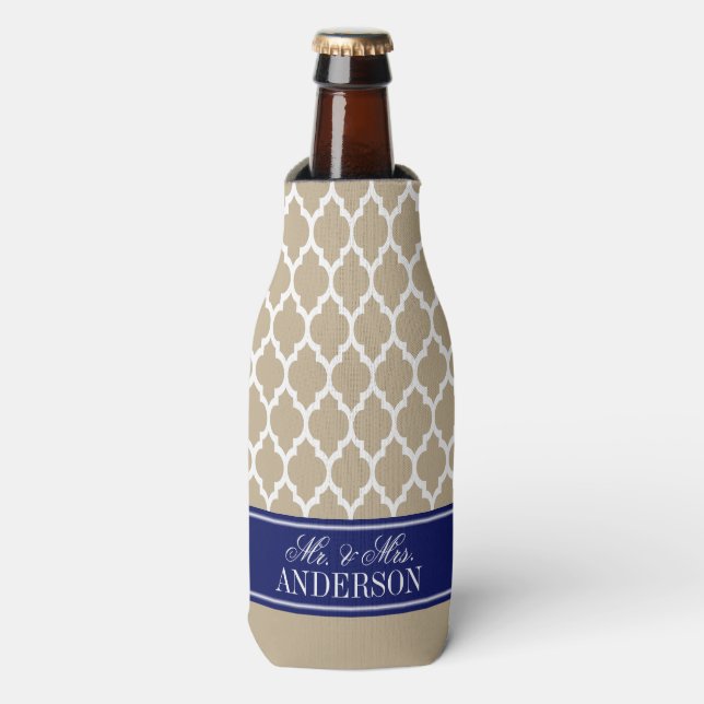 Wht Moroccan #4 CB Navy Name Monogram Wedding Bottle Cooler (Bottle Front)