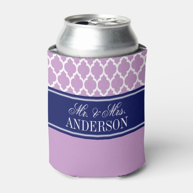Wht Moroccan #4 CB Navy Name Monogram Wedding Can Cooler (Can Front)