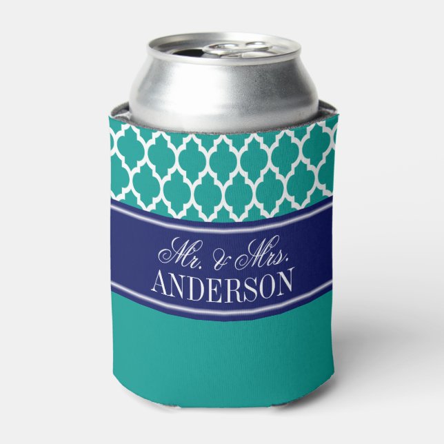 Wht Moroccan #4 CB Navy Name Monogram Wedding Can Cooler (Can Front)