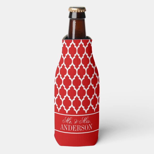 Wht Moroccan #4 CB Red Name Wedding Bottle Cooler (Bottle Front)