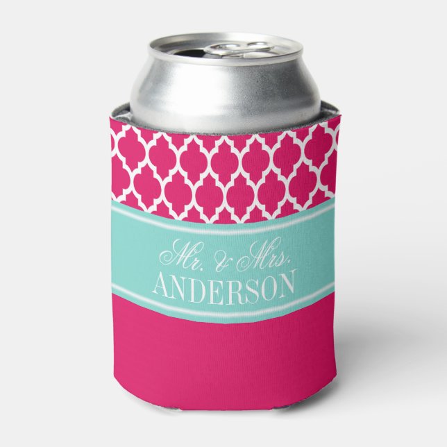 Wht Moroccan #4 CB Turquoise Name Wedding Can Cooler (Can Front)