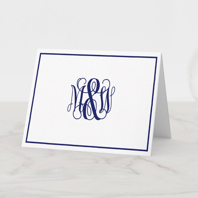 Wht Navy 3 Initial Vine Script Monogram B&G DIY BG Note Card (Creator Uploaded)