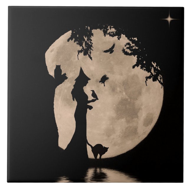 Wicca Inspired Art Tile of Witch with Familiars (Front)