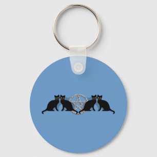 Wicca Magic Pentagram with Black Cat Familiar set Keychain