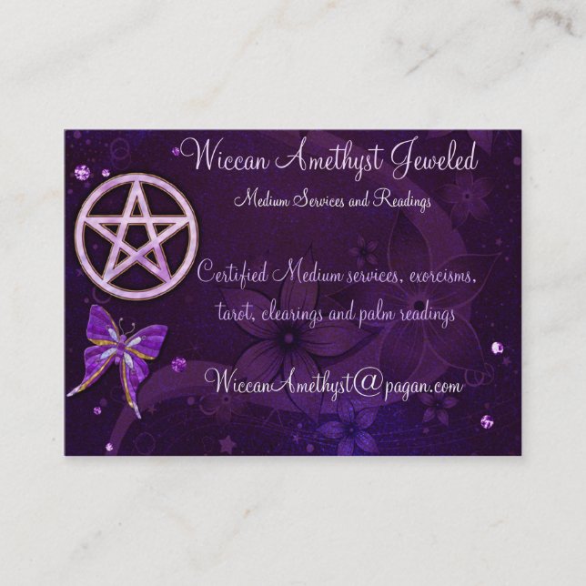 Wiccan Amethyst Jewelled Butterfly Art Business Card (Front)
