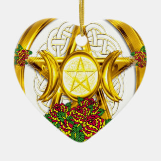 Wiccan Pagan Pentacle Gold With Roses Ceramic Ornament
