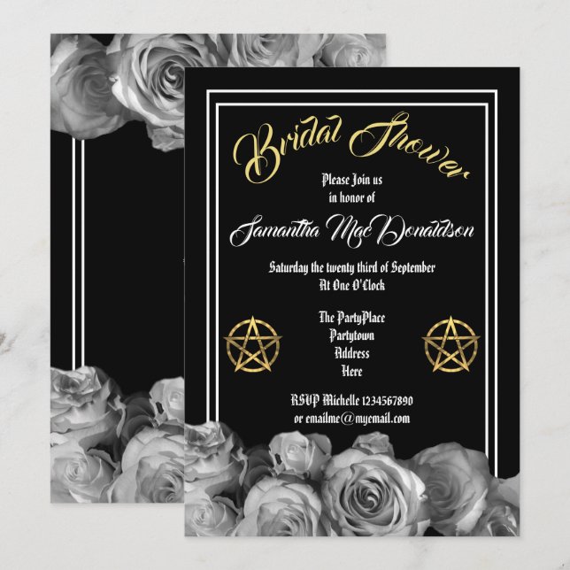 Wiccan pentacle black floral bridal shower invitation (Front/Back)