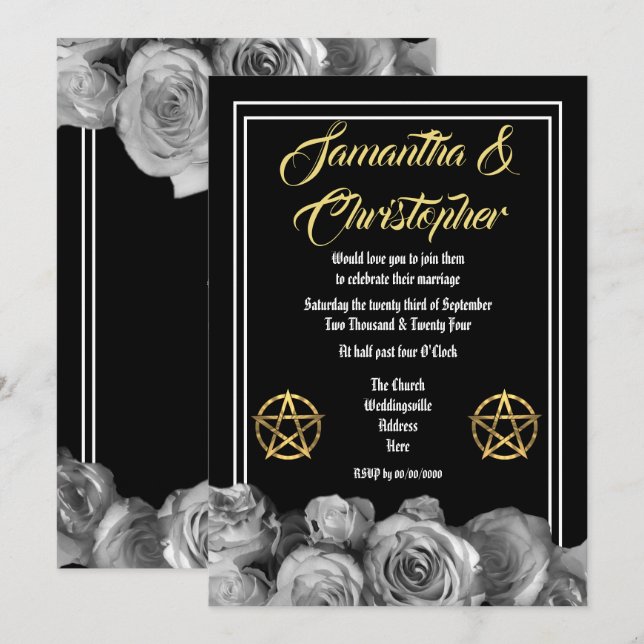 Wiccan pentacle black wedding invitation (Front/Back)