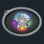 Wiccan pentagram belt buckle<br><div class="desc">Artistically drawn,  luminous pentagram with five magical elements,  water,  earth,  fire,  astral,  air on black background. Wiccan pentagram. Wicca</div>