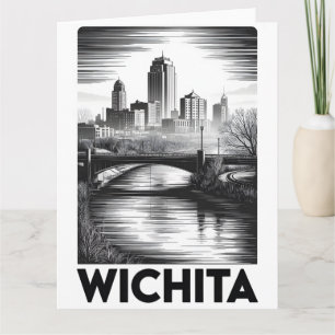 Wichita Kansas Skyline Black White Woodcut Card