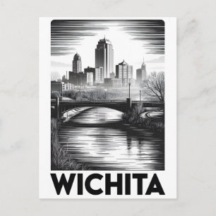 Wichita Kansas Skyline Black White Woodcut Holiday Postcard
