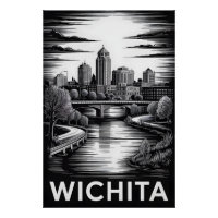 Wichita Kansas Skyline Black White Woodcut