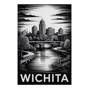 Wichita Kansas Skyline Black White Woodcut Poster