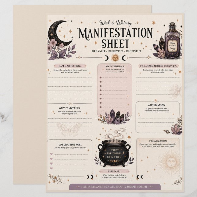  Wick & Whimsy Manifestation Sheet (Front/Back)
