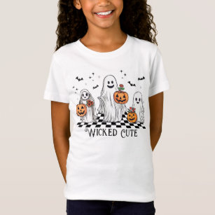 Wicked cute ghosts pumpkins retro chequerboard  T-Shirt