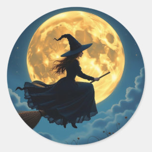 Wicked Halloween   Witch on Broom with Full Moon Classic Round Sticker