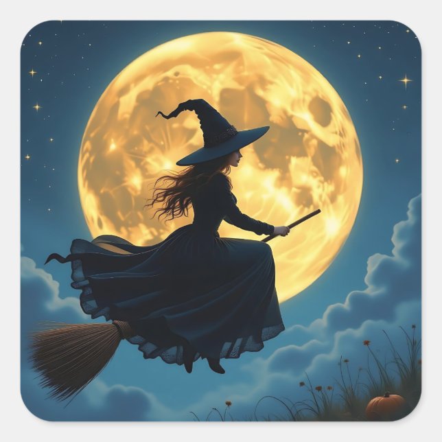 Wicked Halloween | Witch on Broom with Full Moon Square Sticker (Front)